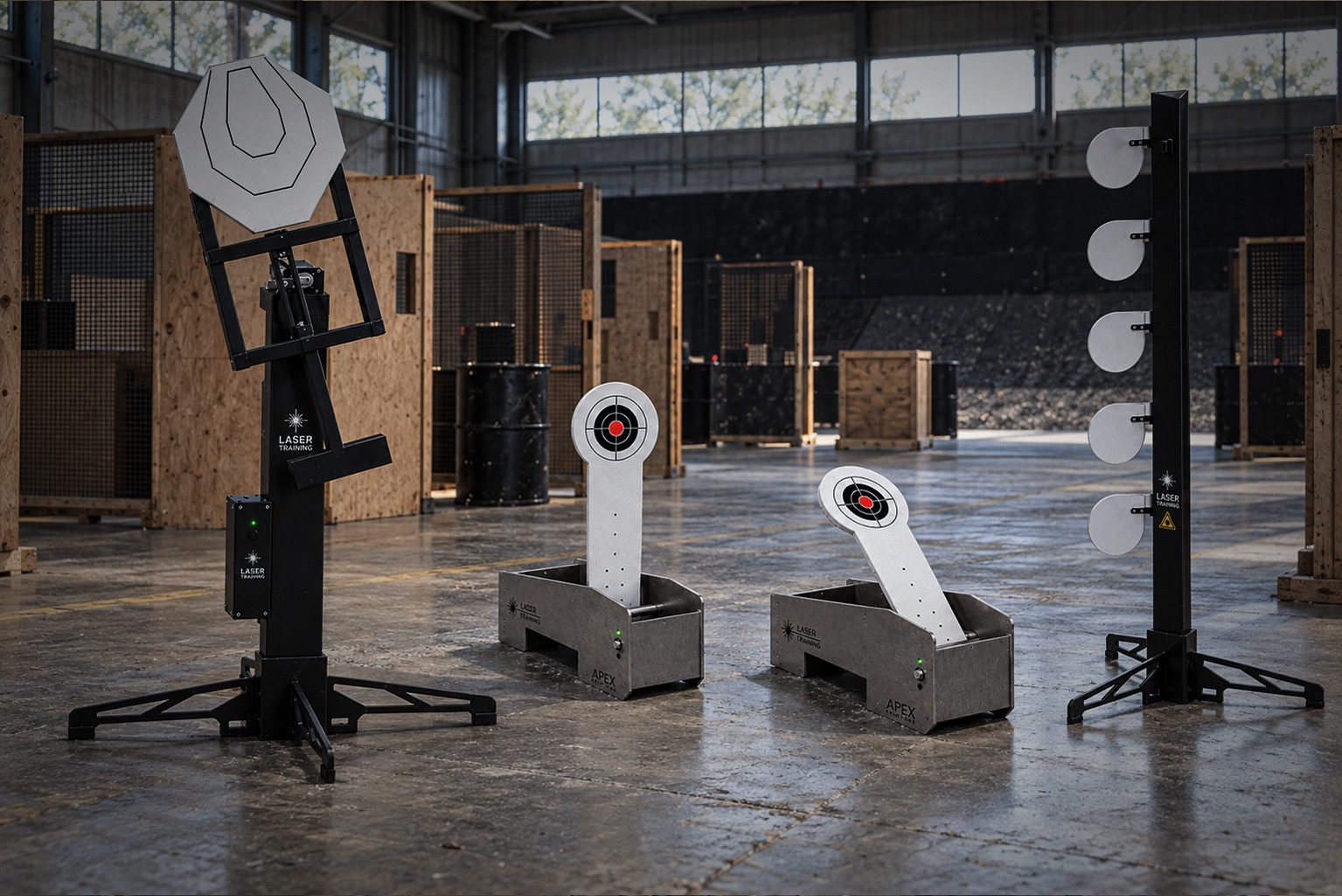 Interactive laser targets arranged in a shooting training arena