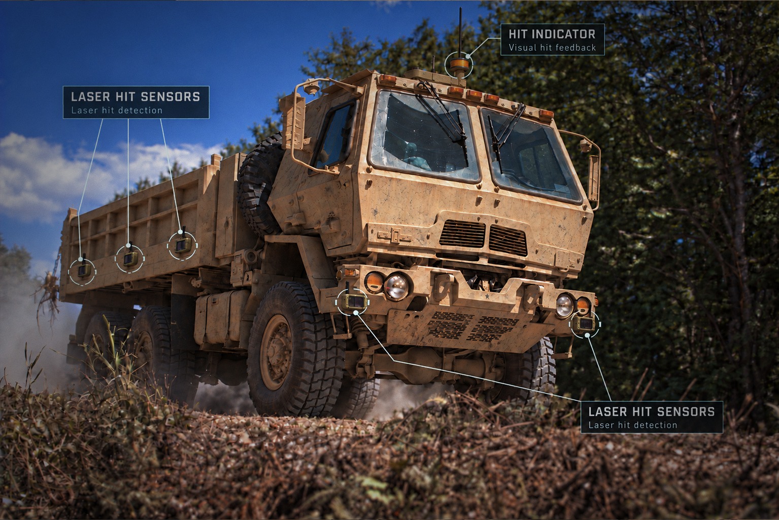 Military vehicle fitted with V-LETS hit sensors and a hit indicator