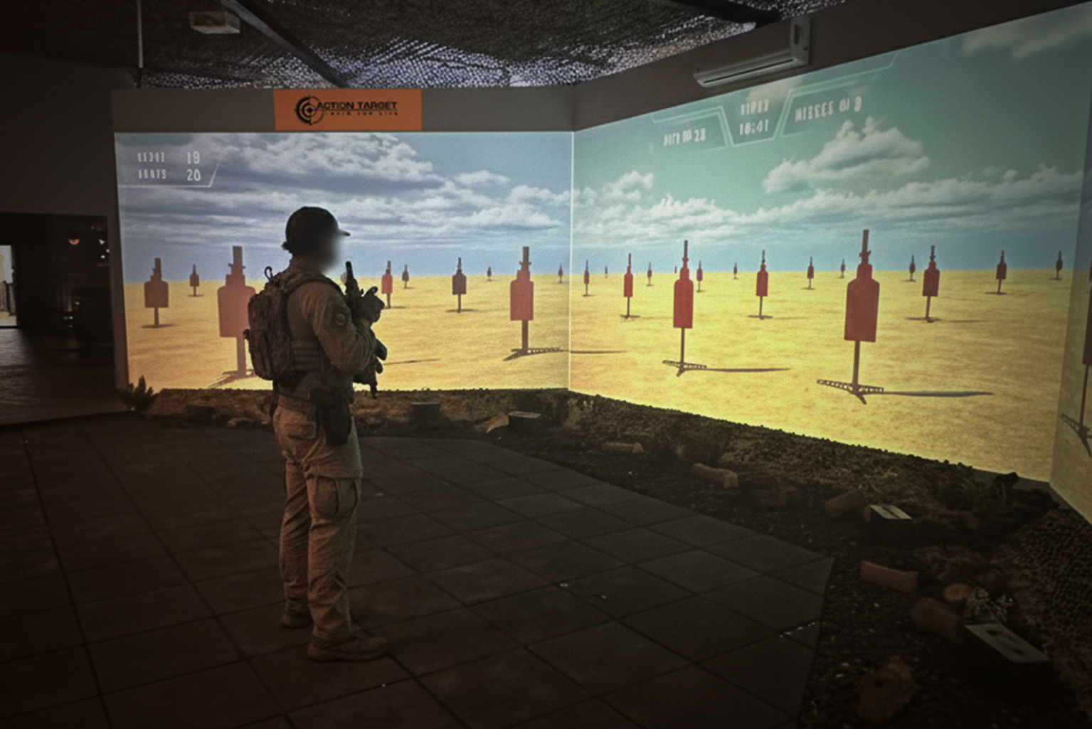 Indoor projection training with a wide virtual shooting range